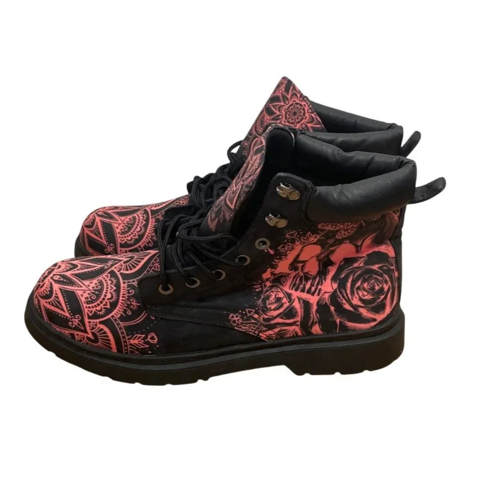 Raad Shop Black Red Boots Mens 13M w Floral Mandala Pattern Lace Up Goth Grunge